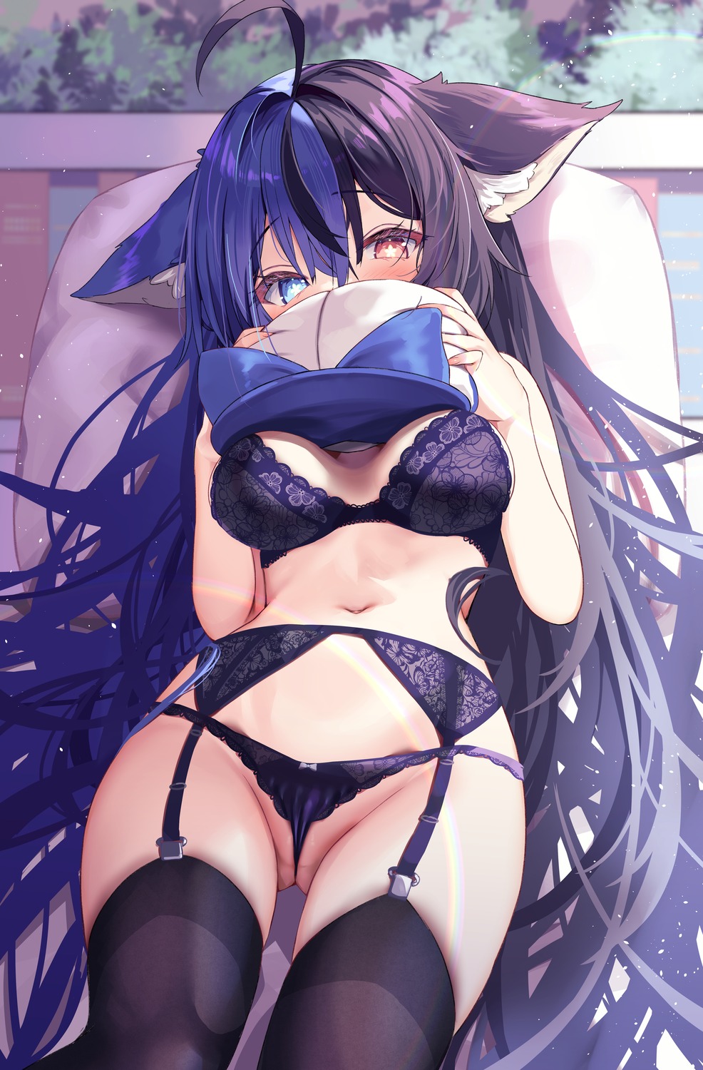 animal_ears bra garter_belt heterochromia nyahu_(nyahu_77) stockings thighhighs