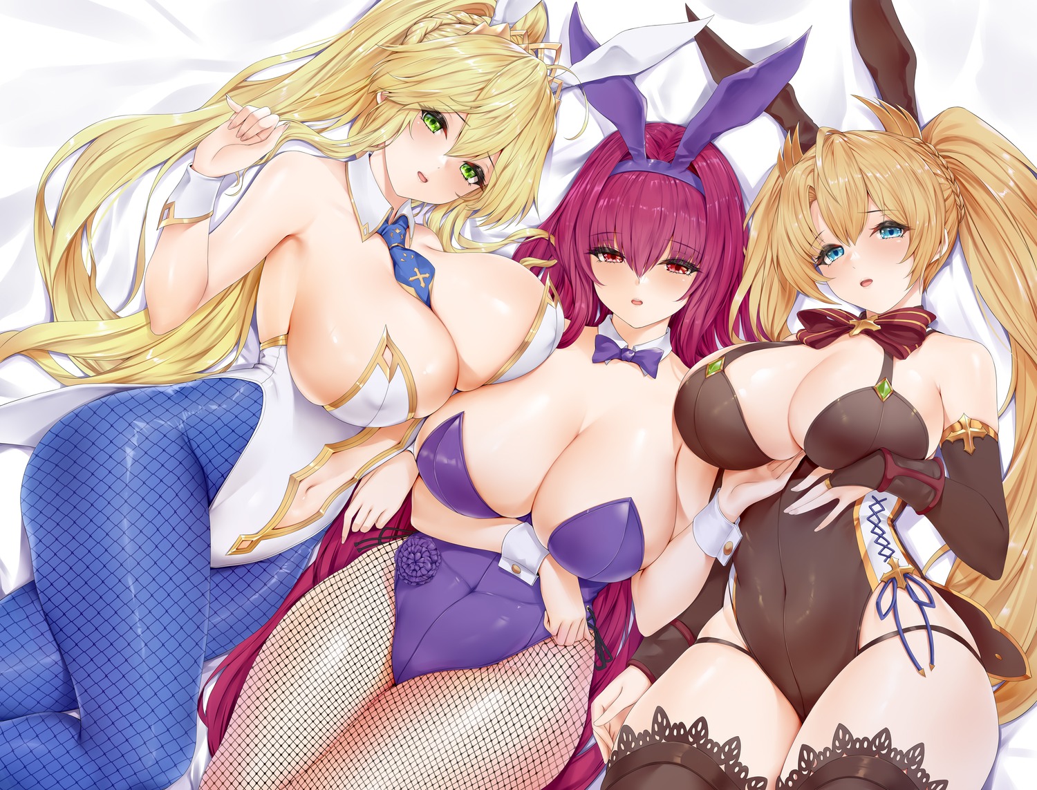 animal_ears artoria_pendragon_(lancer) bradamante_(fate) breast_hold bunny_ears bunny_girl erect_nipples fate/grand_order fishnets no_bra pantyhose scathach_(fate/grand_order) thighhighs toyoman