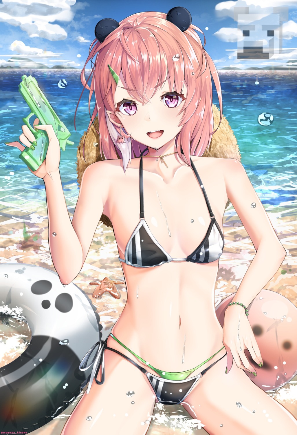 bikini cleavage gun momonoko_noko nijisanji nijisanji_gamers sasaki_saku swimsuits wet