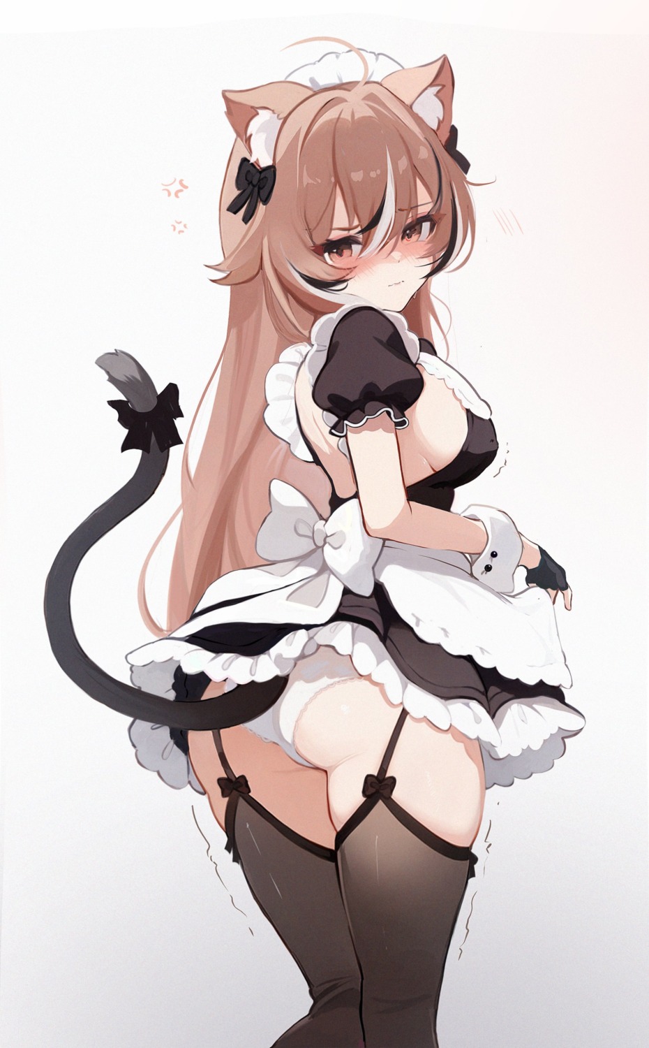 animal_ears ass erect_nipples hololive hololive_english koahri maid nanashi_mumei nekomimi no_bra pantsu skirt_lift stockings tail thighhighs thong