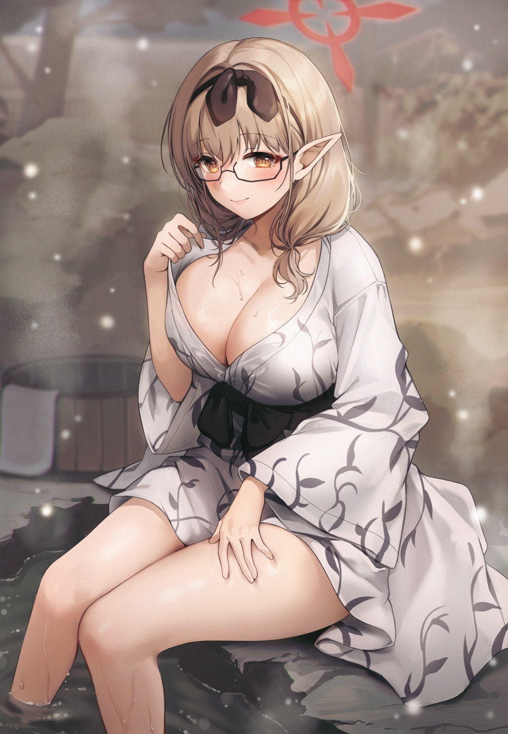 blue_archive gijang halo hinomiya_chinatsu megane onsen open_shirt pointy_ears undressing wet yukata