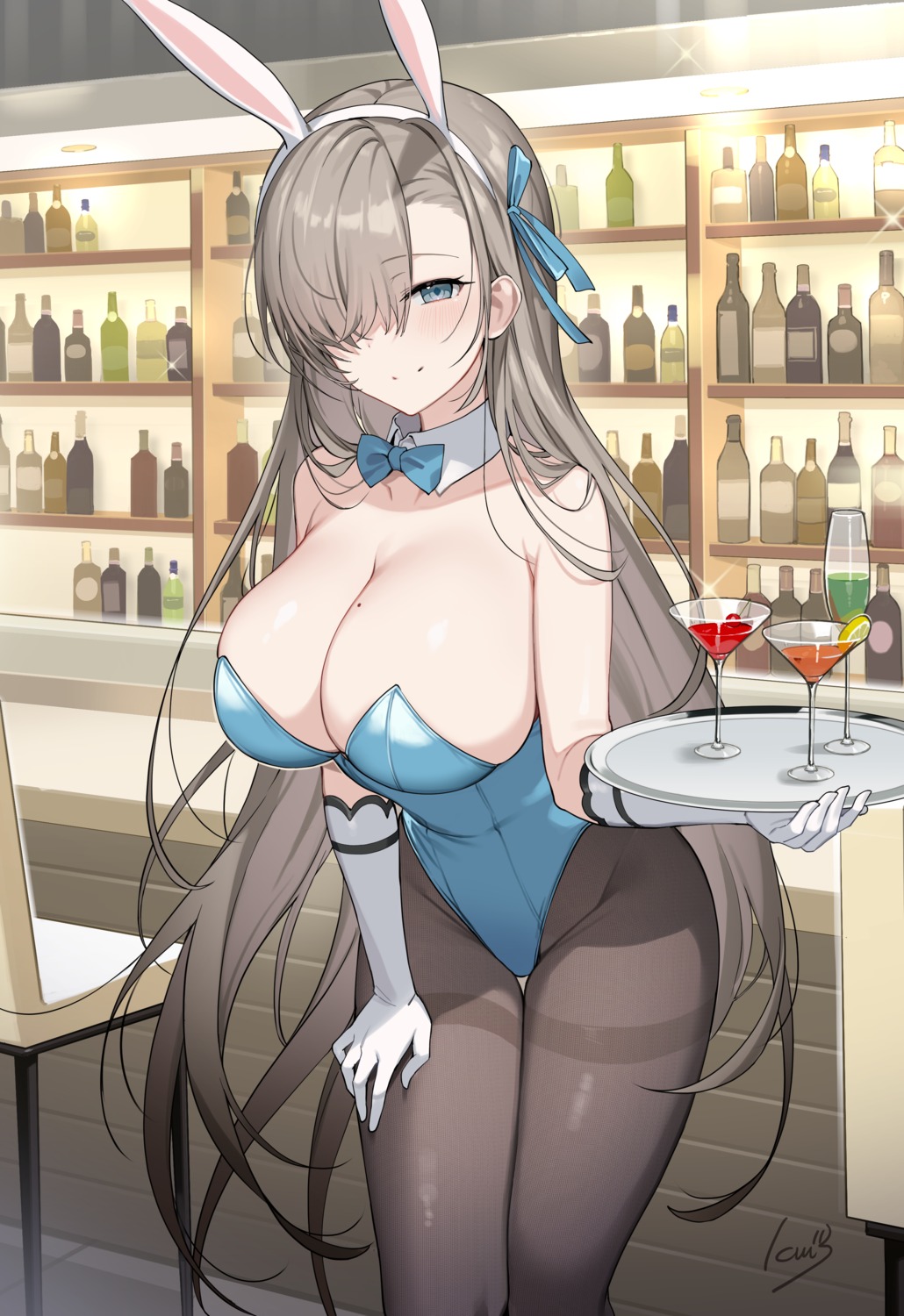 animal_ears blue_archive bunny_ears bunny_girl ichinose_asuna ikomochi no_bra pantyhose waitress