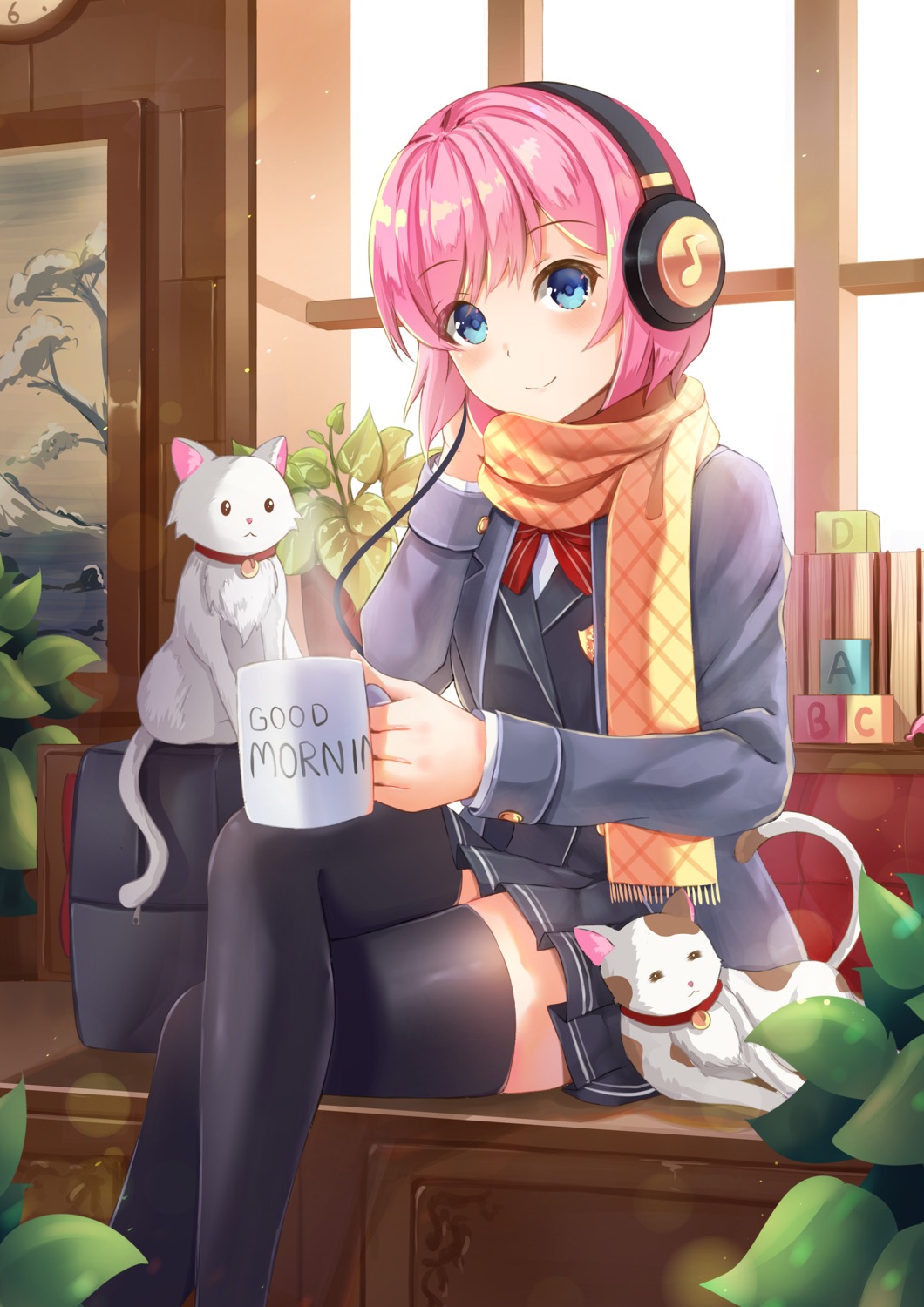 headphones holmemee neko seifuku thighhighs