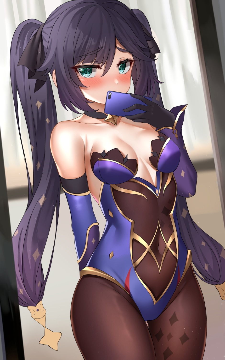 cleavage genshin_impact leotard mona_megistus no_bra pantyhose see_through sunhyun