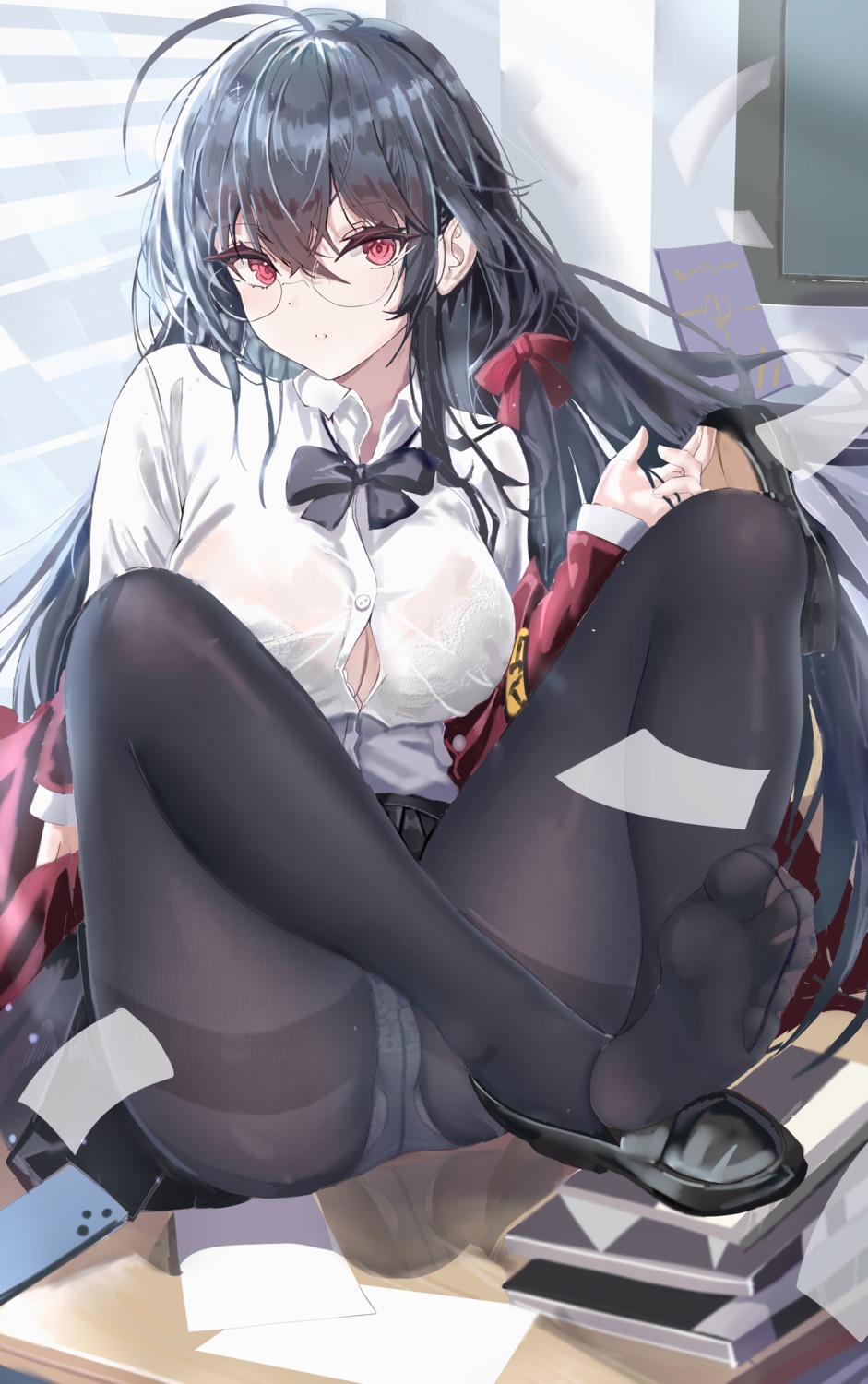 age_fx artist_revision azur_lane bra feet megane open_shirt pantsu pantyhose see_through seifuku skirt_lift taihou_(azur_lane)