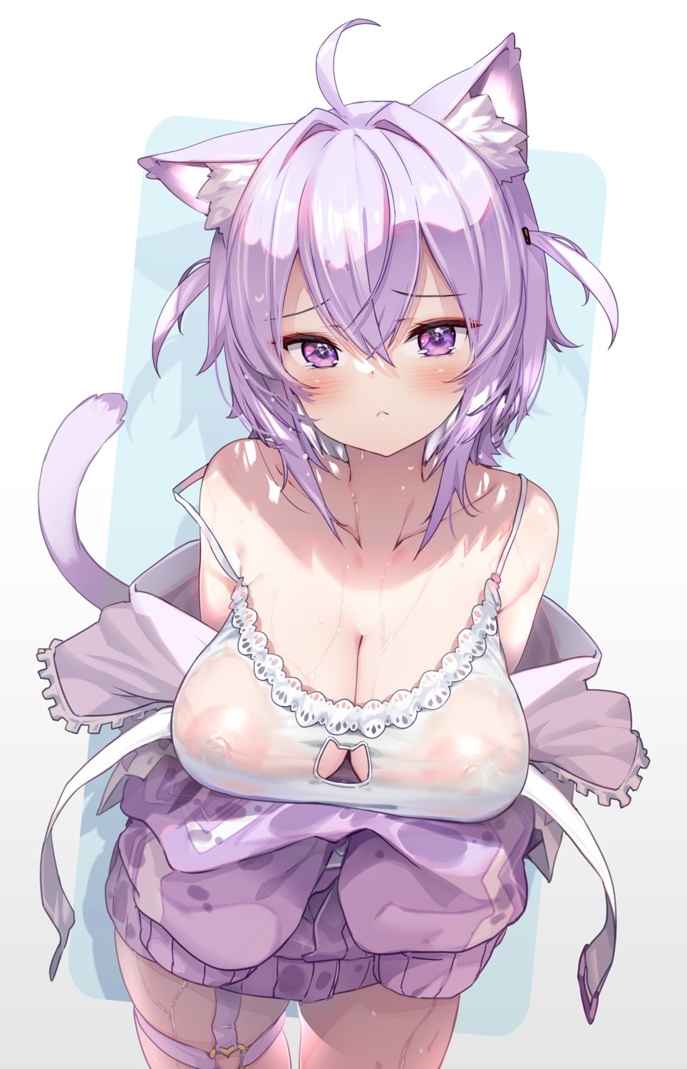 animal_ears garter hololive hololive_gamers hong_(white_spider) lingerie nekomata_okayu nekomimi nipples no_bra see_through tail wet wet_clothes