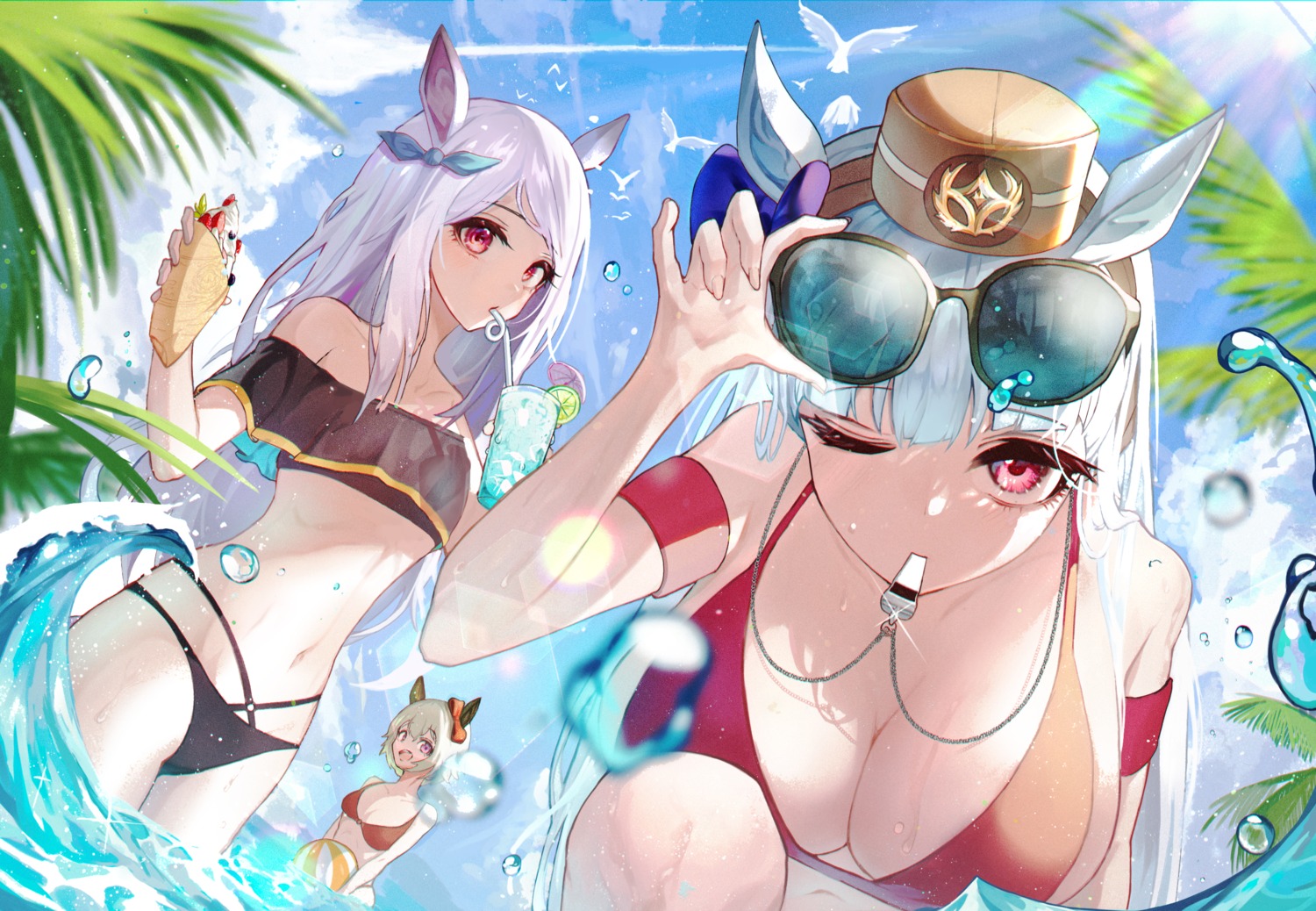 animal_ears bikini bikini_top curren_chan_(umamusume) gold_ship_(umamusume) josal megane mejiro_mcqueen_(umamusume) swimsuits tail uma_musume_pretty_derby wet