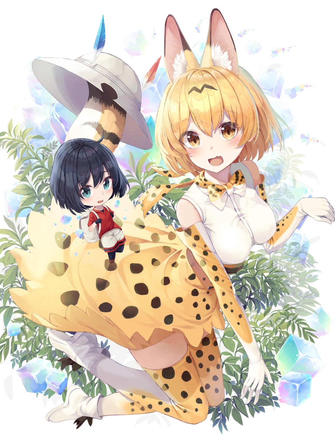 animal_ears animal_ears_(artist) chibi kaban_(kemono_friends) kemono_friends serval skirt_lift tail thighhighs