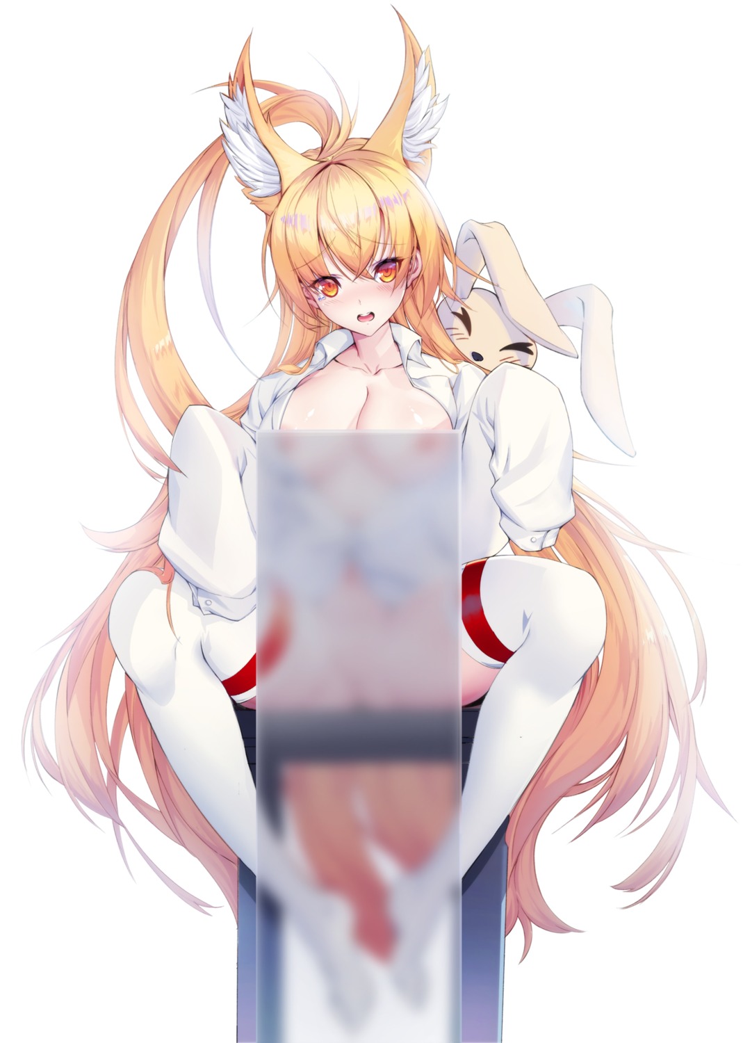 animal_ears areola bottomless breasts dress_shirt dungeon_fighter no_bra open_shirt rodway thighhighs