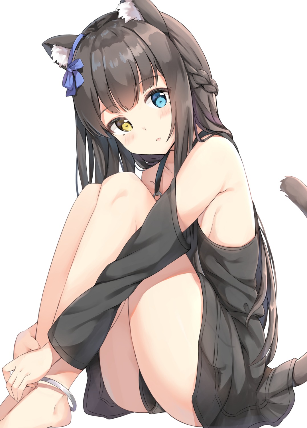 animal_ears ass dress feet heterochromia keiran_(ryo170) nekomimi no_bra skirt_lift tail