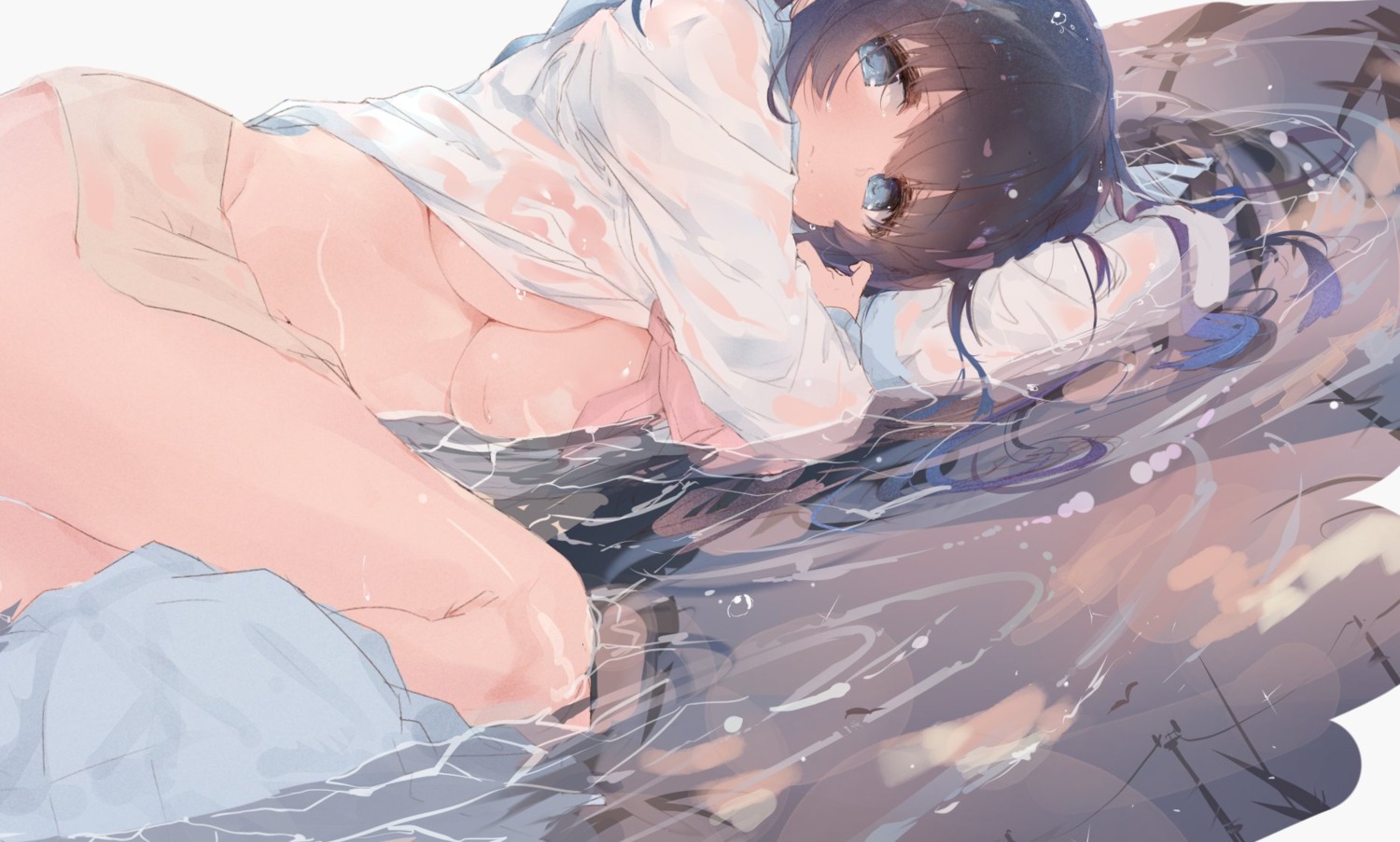 bottomless no_bra open_shirt see_through shimicha wet wet_clothes