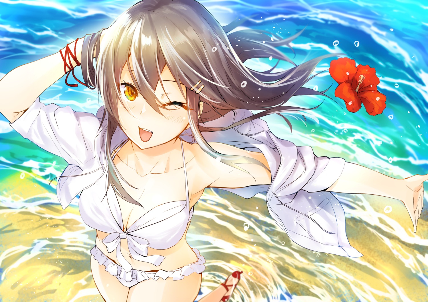 bikini cleavage haruna_(kancolle) hazuki_touya kantai_collection open_shirt swimsuits wet