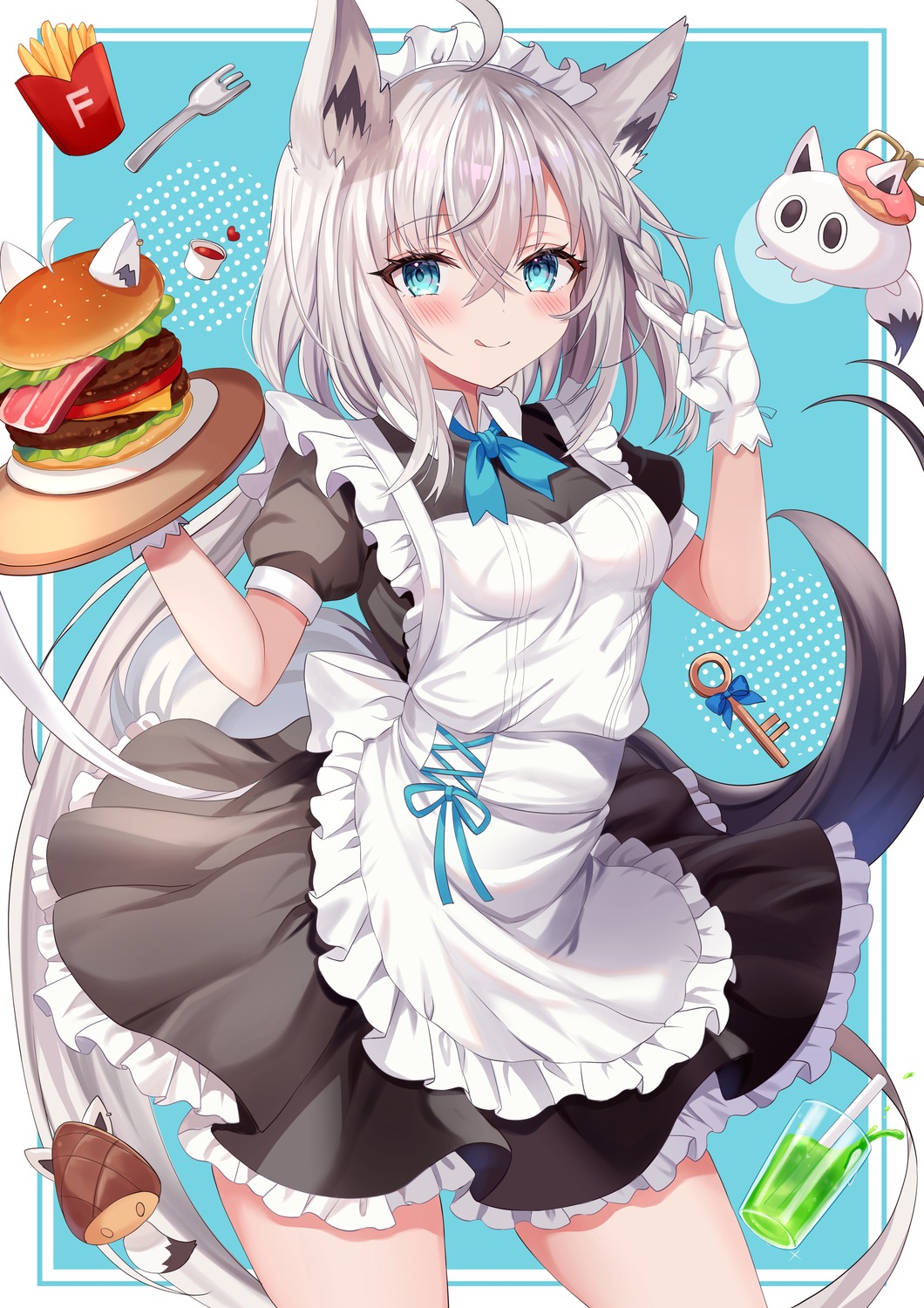 animal_ears hololive hololive_gamers kitsune maid retsuto shirakami_fubuki tail waitress