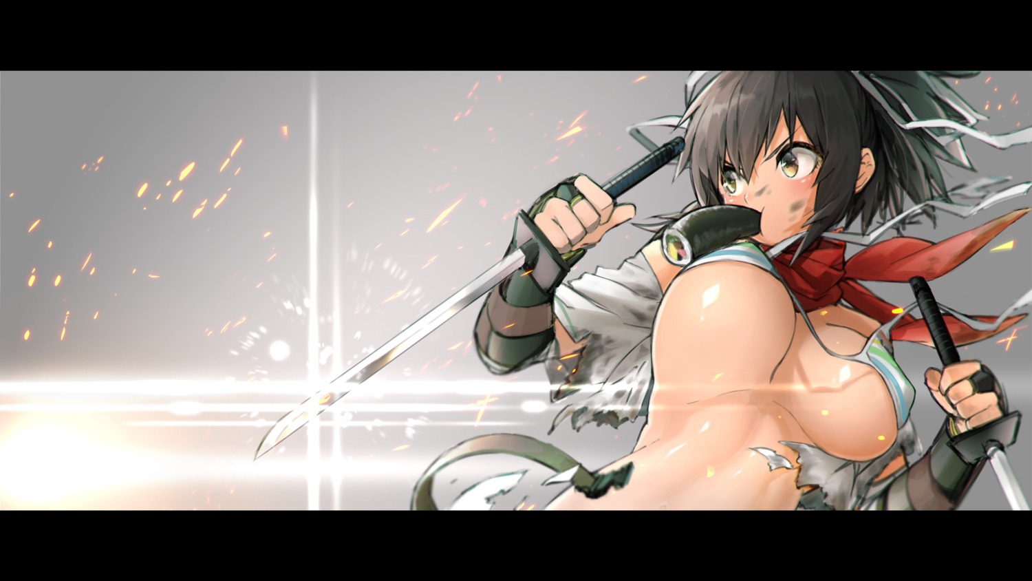 asuka_(senran_kagura) bikini_top erect_nipples kirii senran_kagura swimsuits sword torn_clothes underboob wardrobe_malfunction weapon