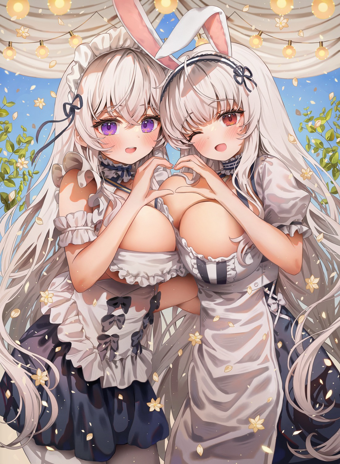 animal_ears arme_(cgsy7484) bunny_ears maid no_bra symmetrical_docking yuri