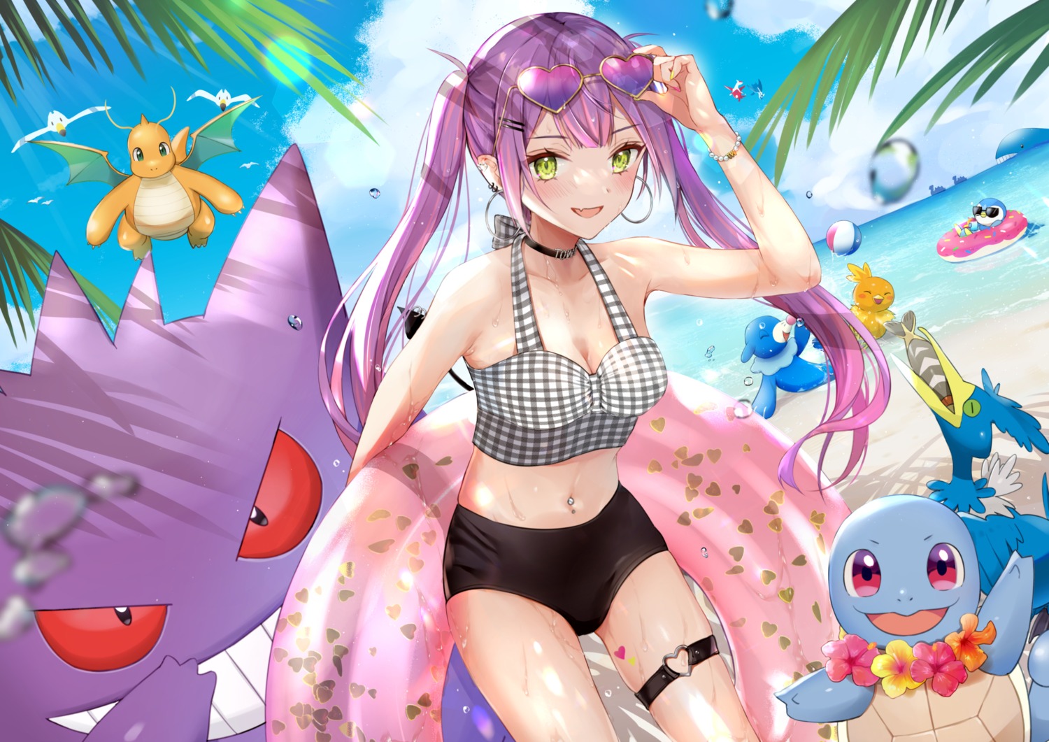 cleavage garter hololive imo_norio megane pokemon swimsuits tokoyami_towa wet