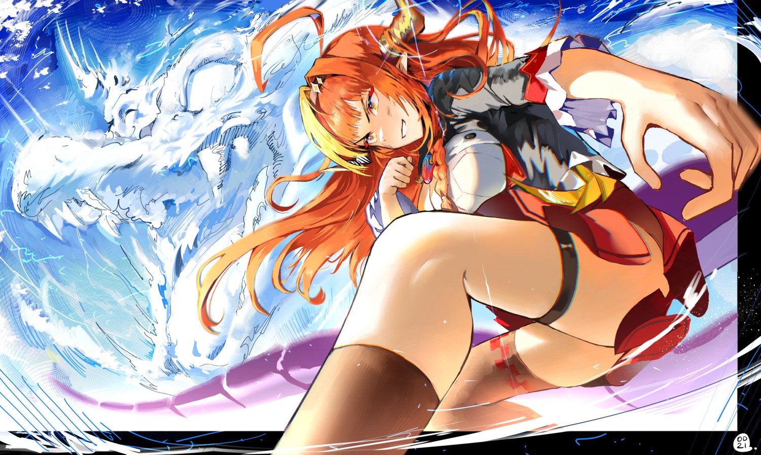 garter hololive horns kiryuu_coco odyssey_21 pointy_ears skirt_lift tail thighhighs