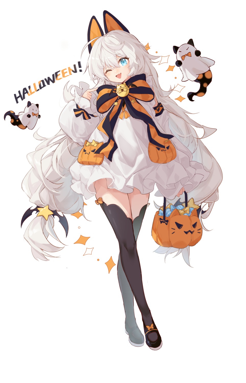 animal_ears dress hakutoukinkinko halloween nekomimi thighhighs