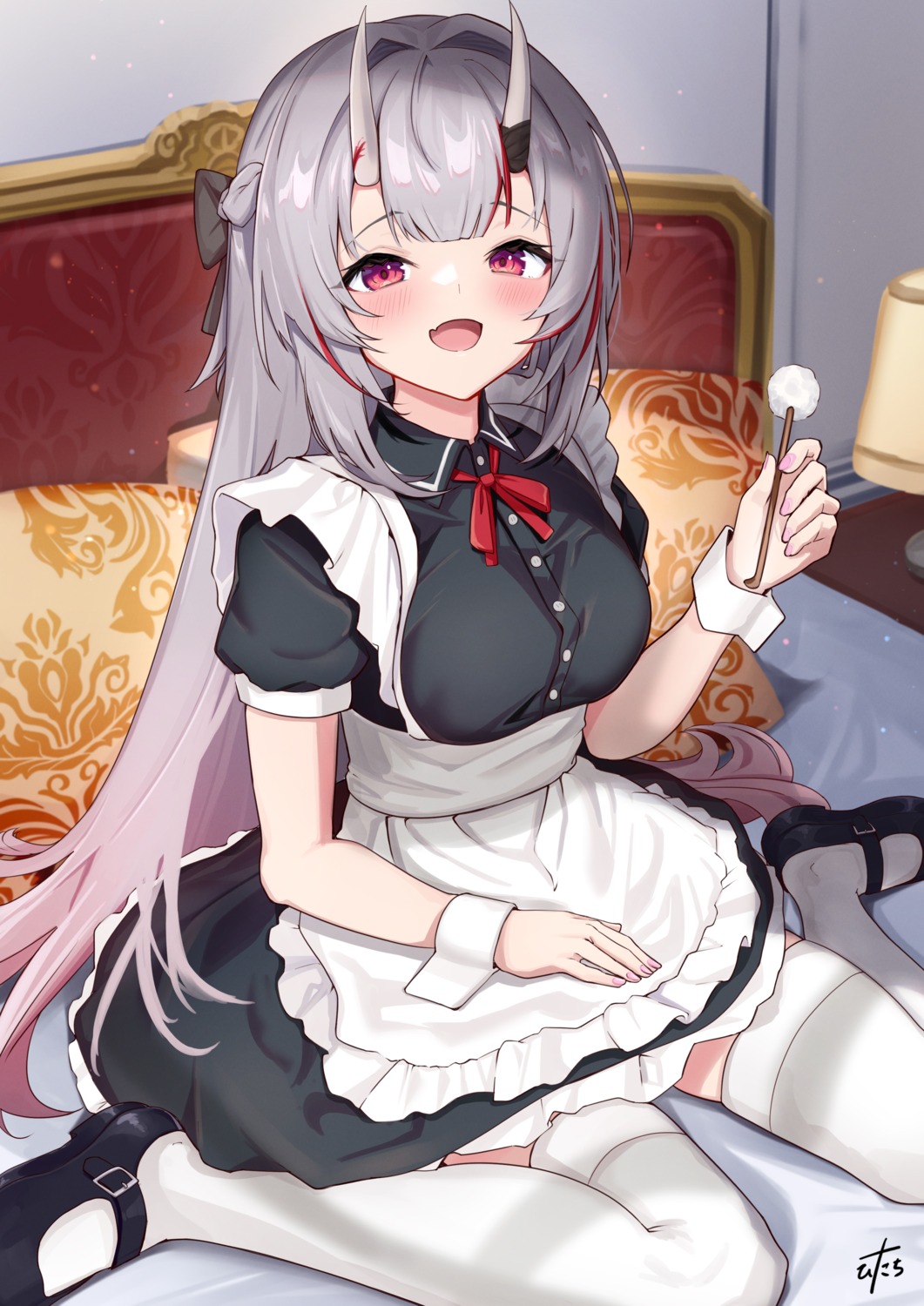 hitachi_sou hololive horns maid nakiri_ayame thighhighs