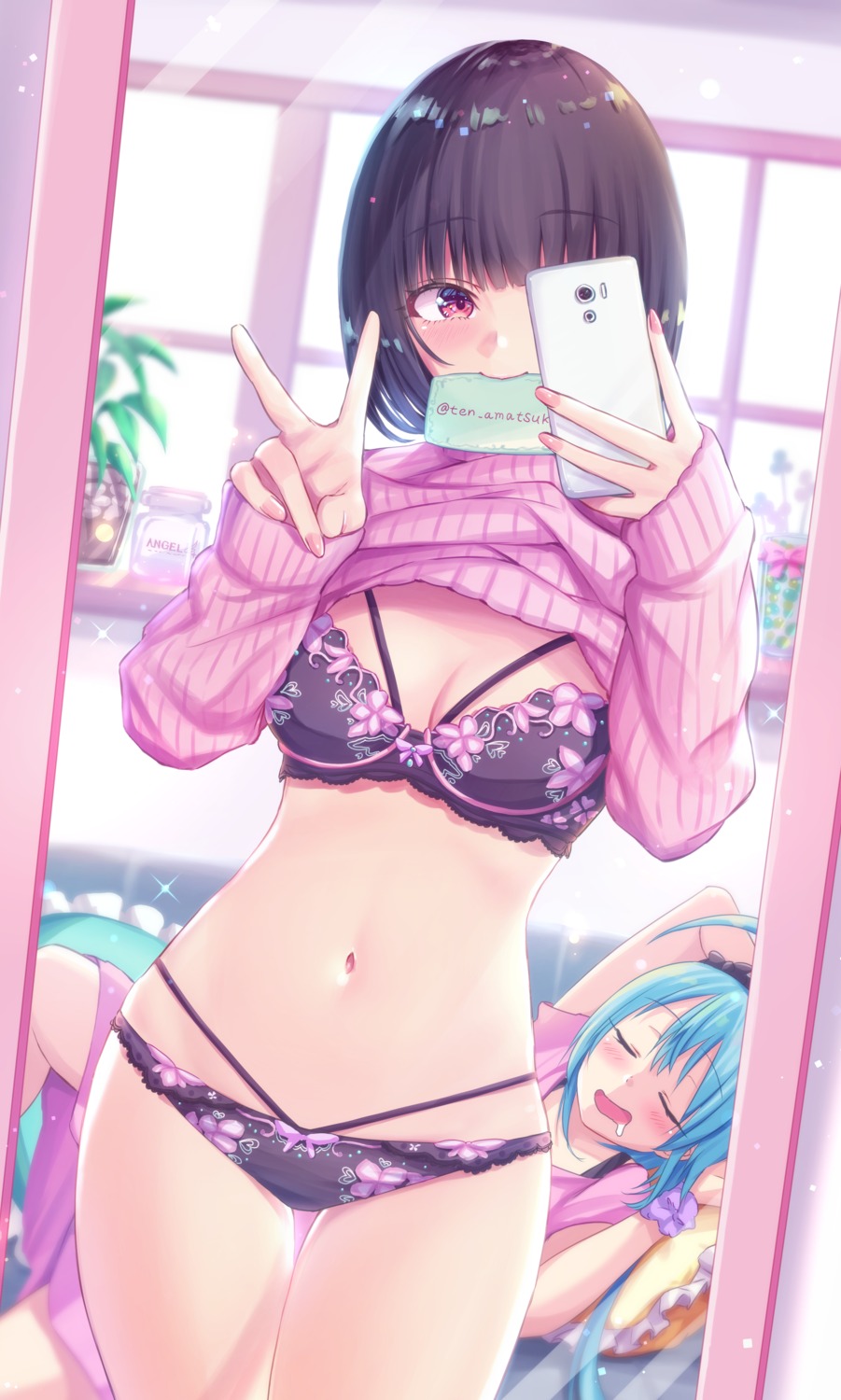 bra cleavage pantsu selfie shirt_lift sweater tenzeru