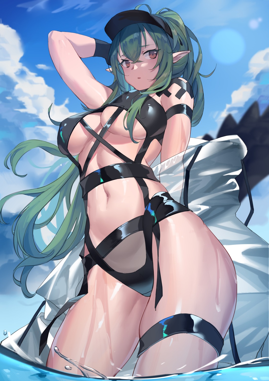 arknights bankongping garter gavial_(arknights) pointy_ears see_through swimsuits wet