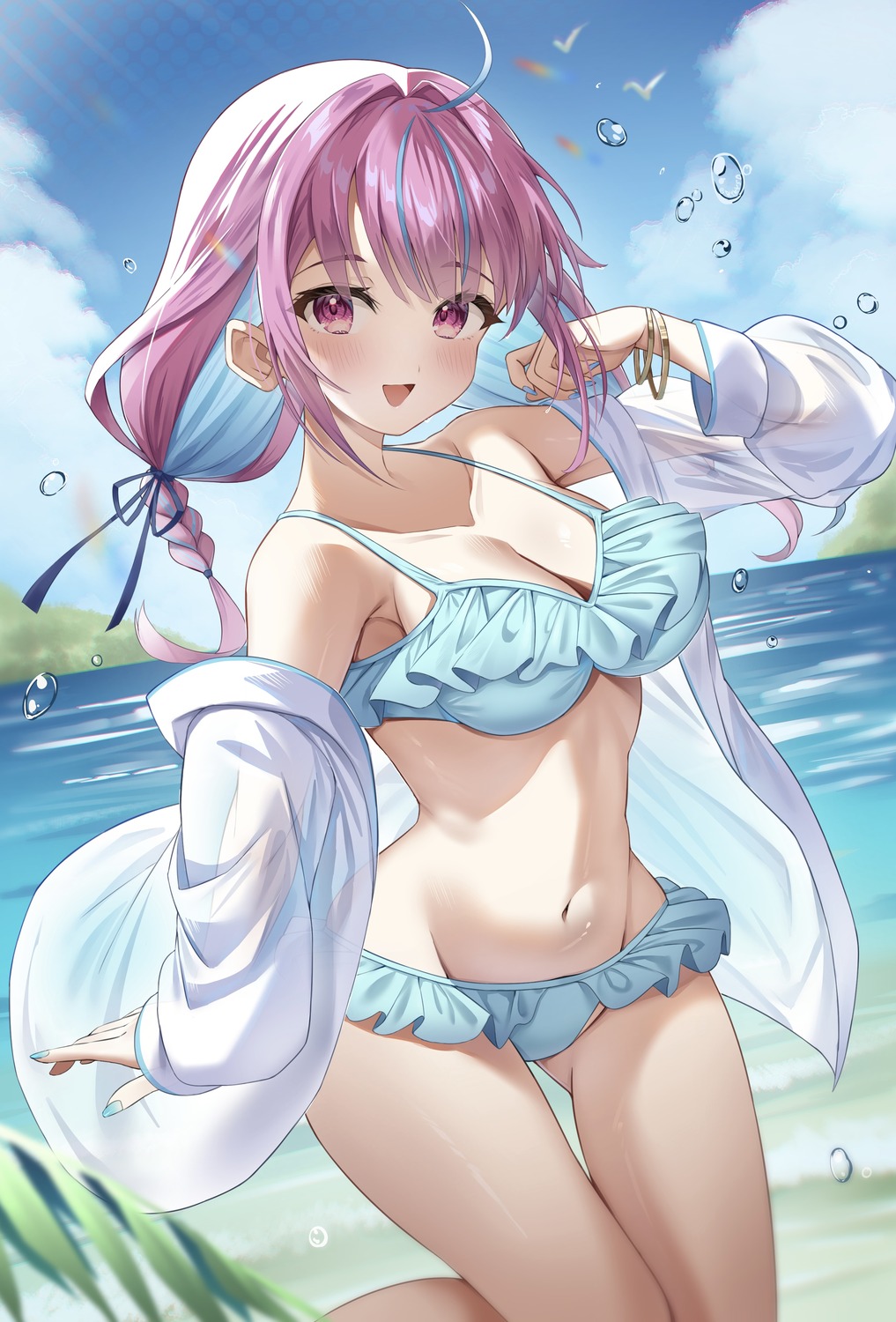 bikini hololive minato_aqua open_shirt see_through swimsuits yoshida_(pixiv)