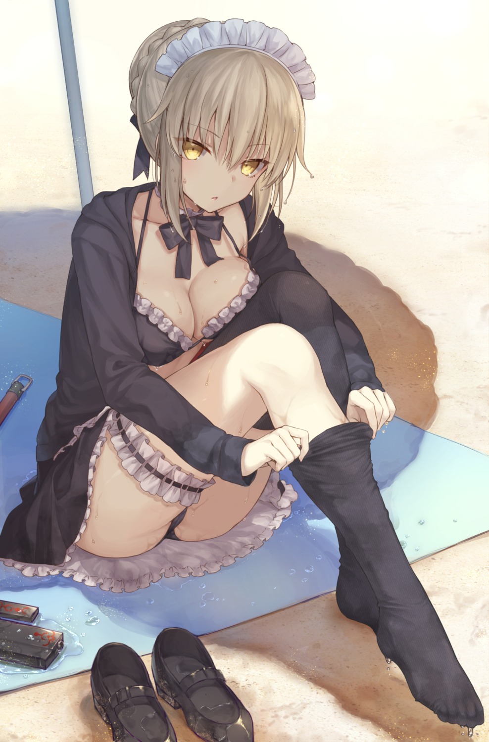 bikini cleavage fate/grand_order feet garter maid mashu_(003) open_shirt saber saber_alter swimsuits thighhighs wet