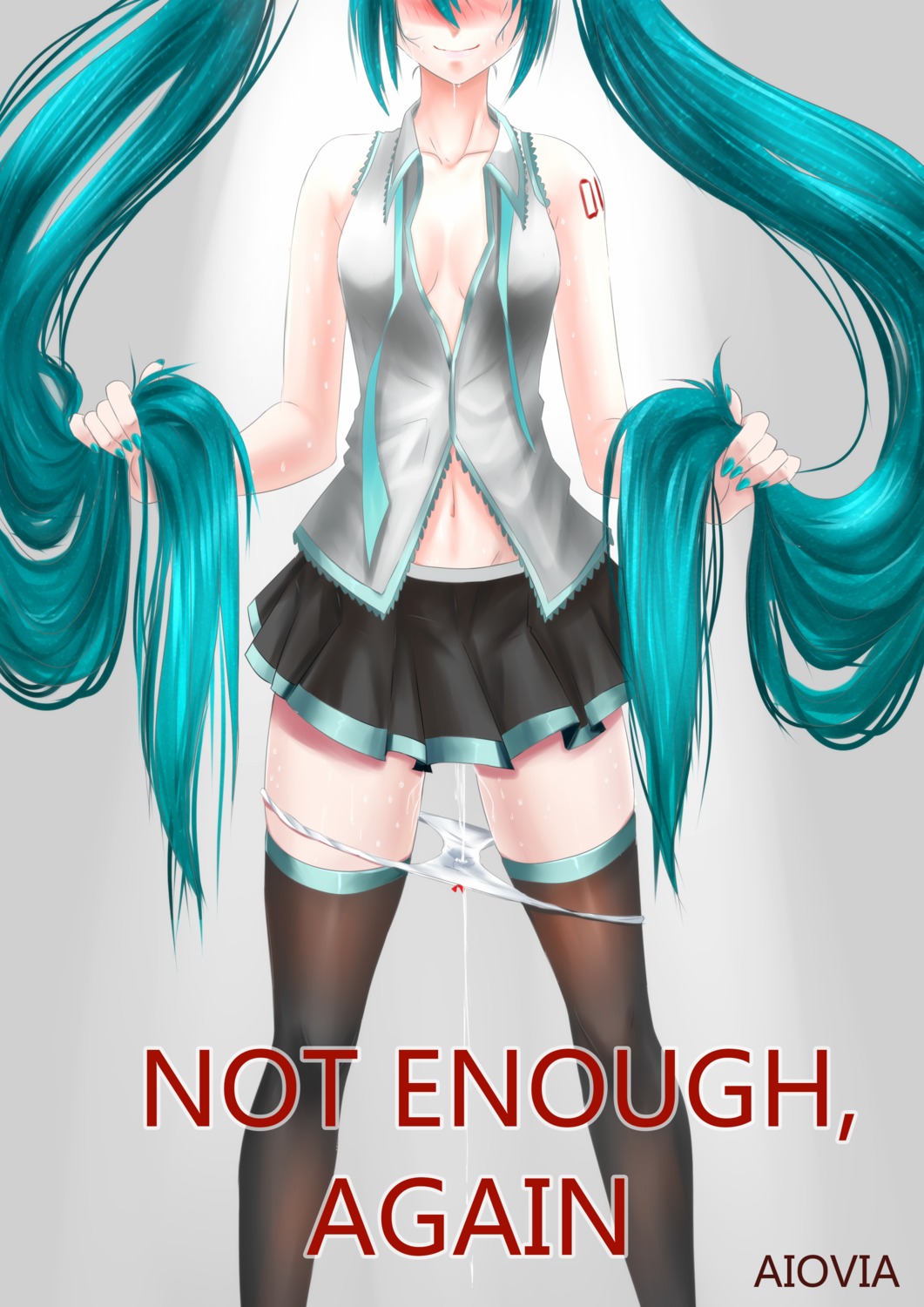 aiovia cleavage hatsune_miku no_bra open_shirt pantsu panty_pull pussy_juice tattoo thighhighs vocaloid