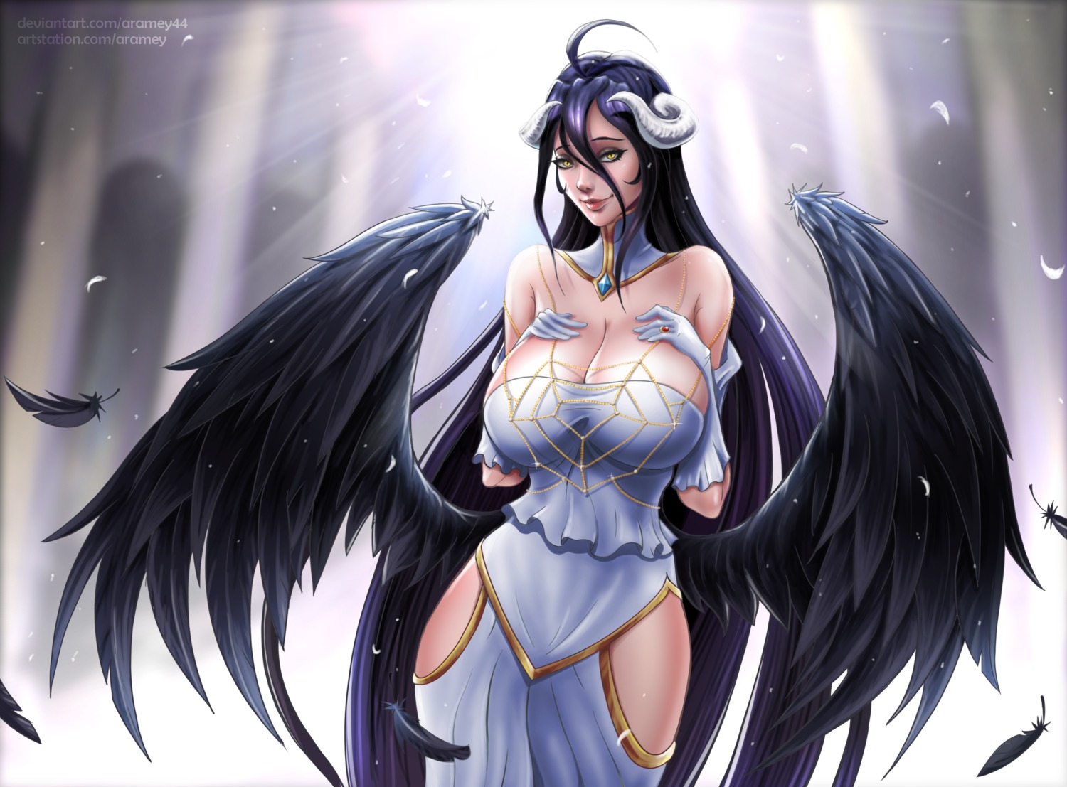 albedo_(overlord) aramey44 breast_hold dress horns no_bra overlord wings