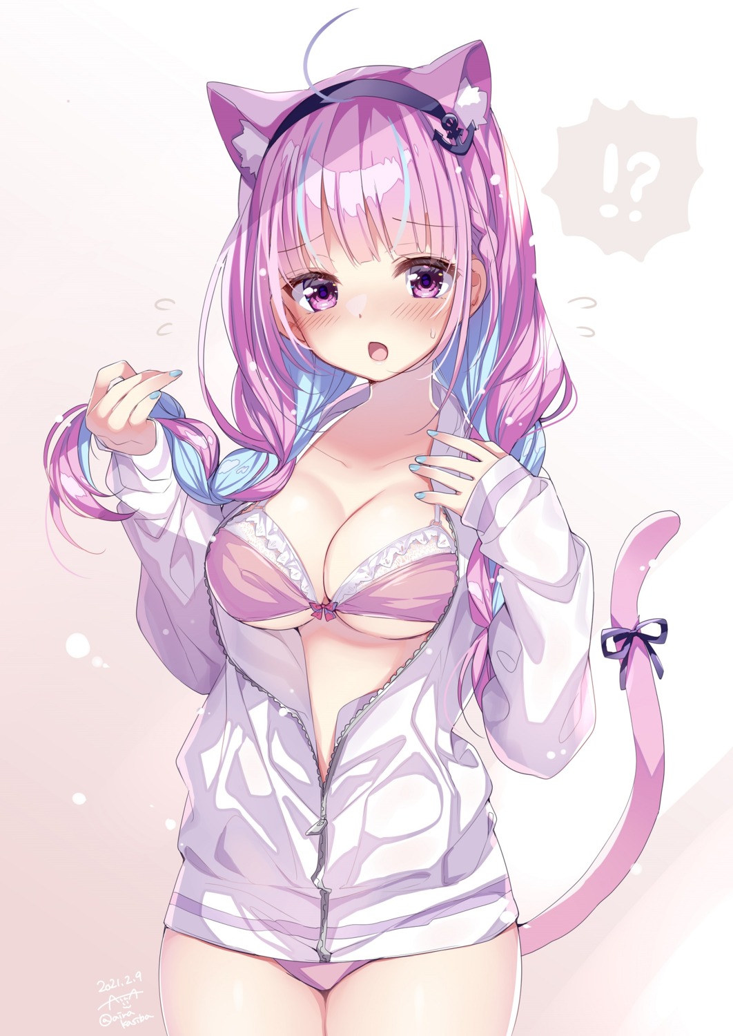 animal_ears bra hololive kashiba_aira minato_aqua nekomimi open_shirt pantsu tail