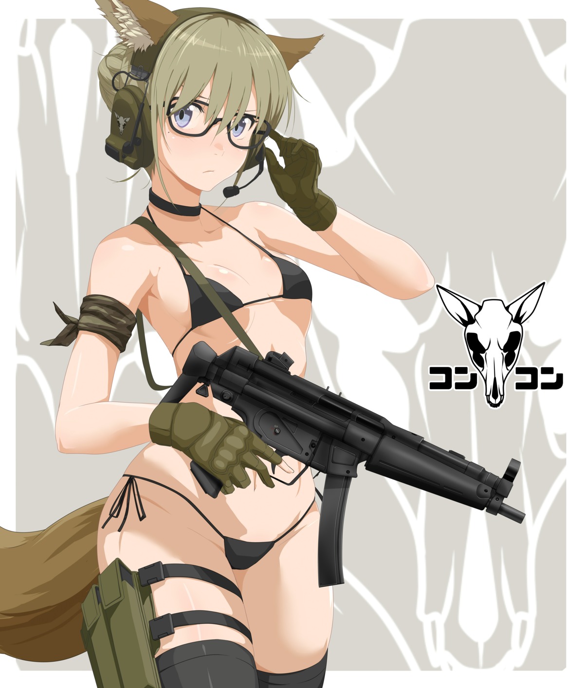 animal_ears bikini cleavage gun headphones megane puuchin swimsuits tail thighhighs underboob weapon