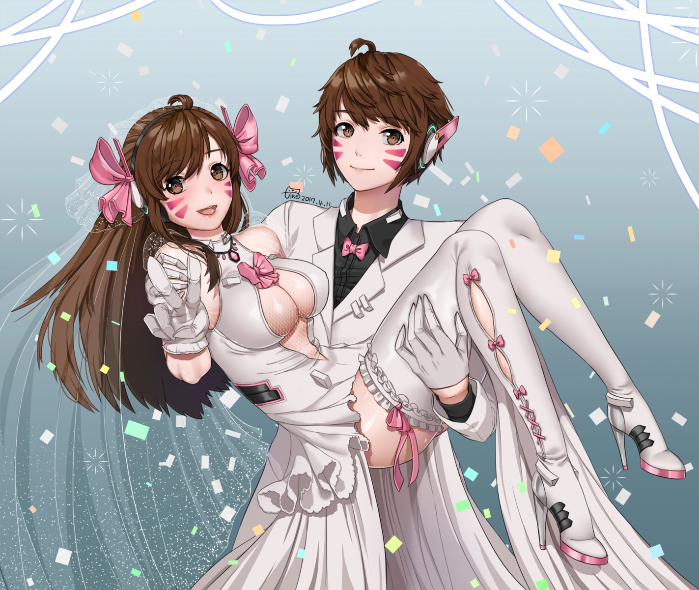 cleavage d.va dress fishnets genderswap headphones heels no_bra overwatch see_through tacco_(tikeworld) thighhighs wedding_dress