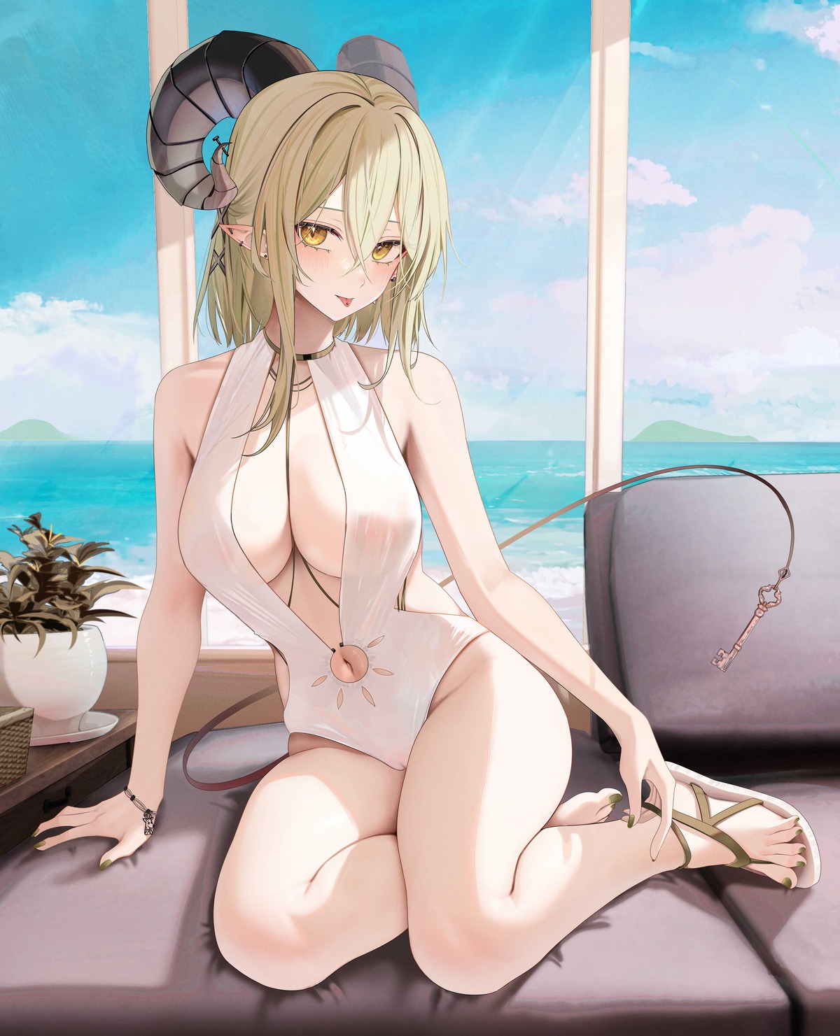 horns pointy_ears ru_zhai see_through swimsuits tail