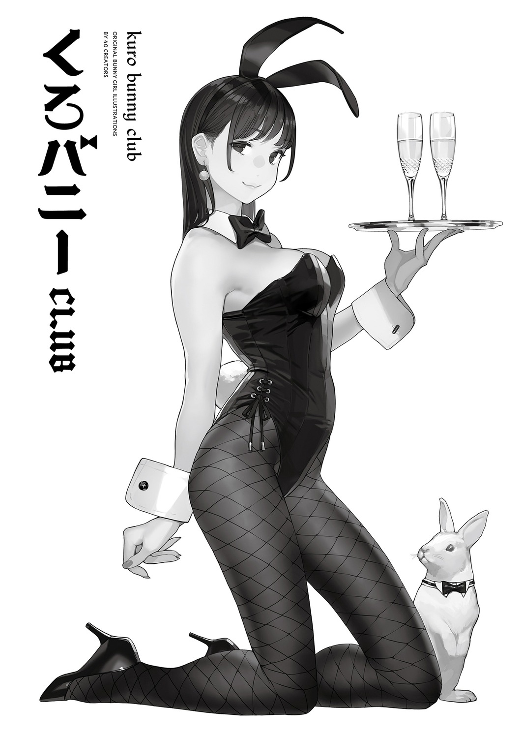 animal_ears bunny_ears bunny_girl fishnets heels monochrome no_bra pantyhose tail yom