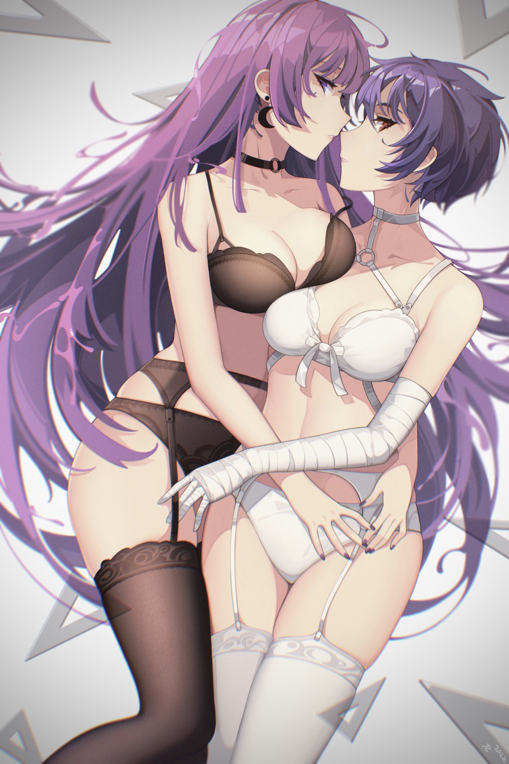 bakemonogatari bandages bra garter_belt kanbaru_suruga lingerie monogatari_(series) senjougahara_hitagi senjouhara_nira stockings thighhighs yuri