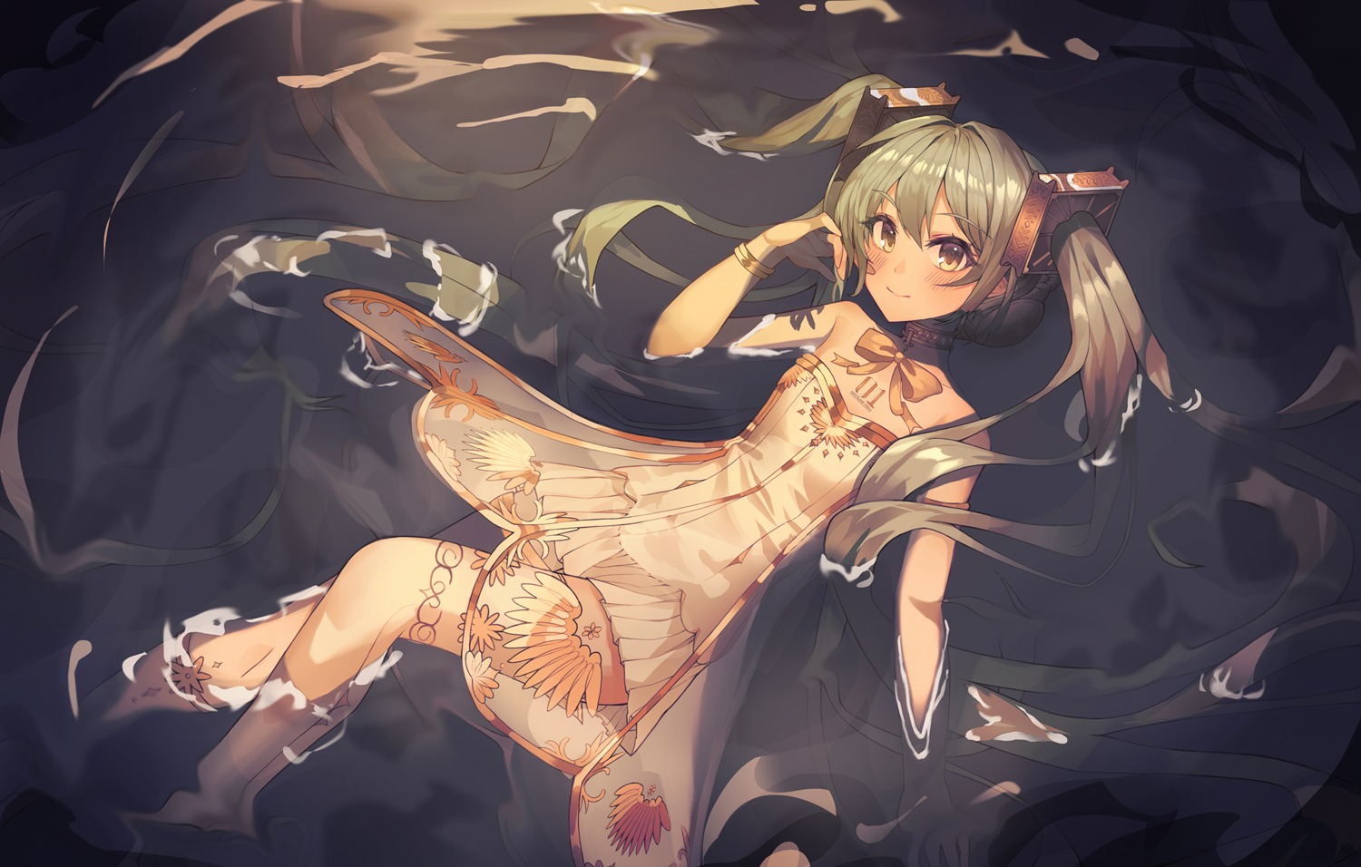 dress gramophone_miku hatsune_miku hatsune_miku_symphony see_through seemu_(wnslqjdignv_) tattoo vocaloid wet