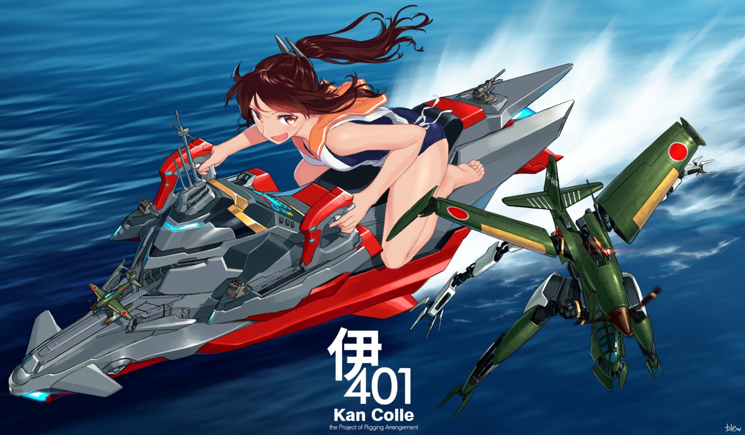 anubis:_zone_of_the_enders blew_andwhite feet i-401_(kancolle) kantai_collection mecha school_swimsuit seifuku swimsuits vic_viper