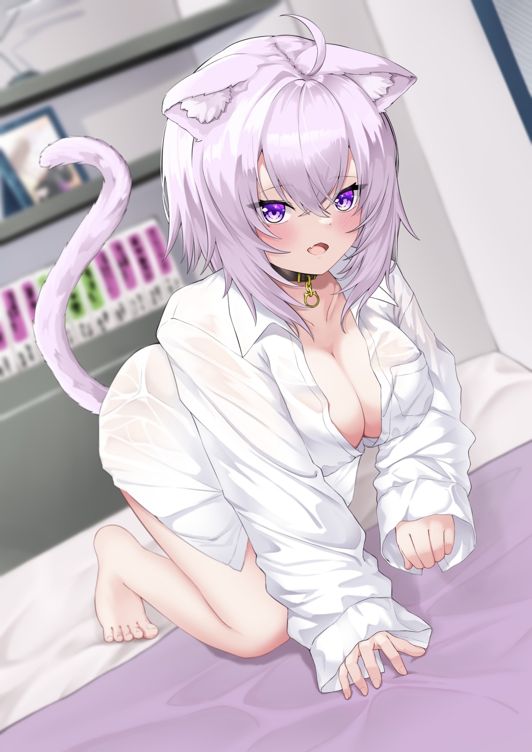 animal_ears dress_shirt hololive hololive_gamers nekomata_okayu nekomimi no_bra tail yoppy_paint