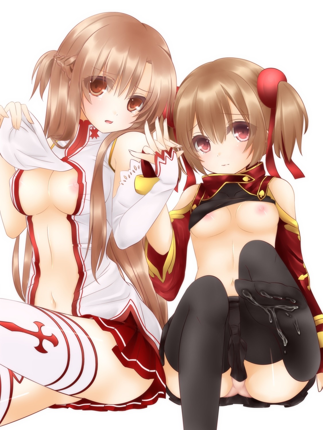 asuna_(sword_art_online) breasts cum feet loli miko_92 nipples no_bra pantsu shirt_lift silica sword_art_online thighhighs