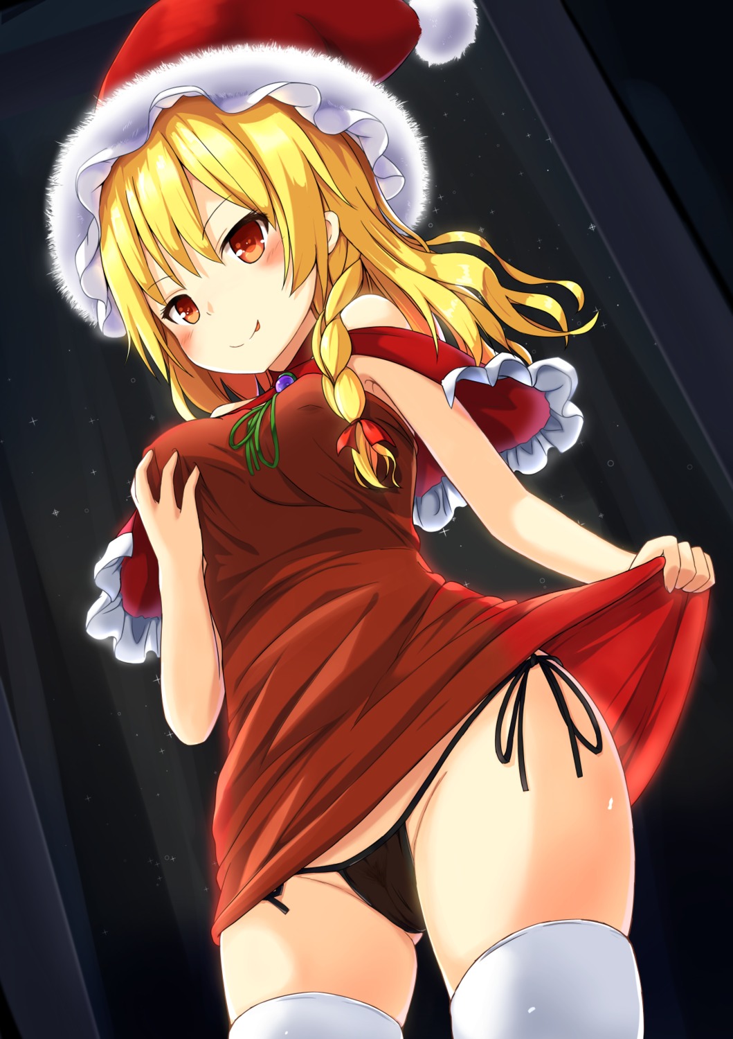 bluekalmia breast_hold christmas dress kirisame_marisa pantsu pubic_hair see_through skirt_lift string_panties thighhighs touhou