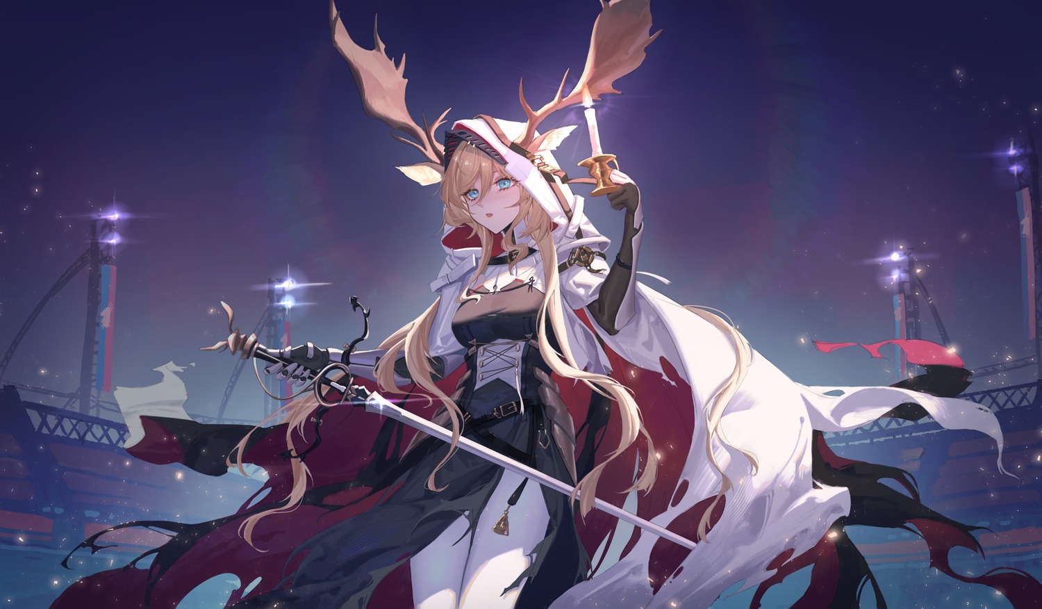 animal_ears areaaaron arknights armor dress horns pantyhose sword torn_clothes viviana_droste