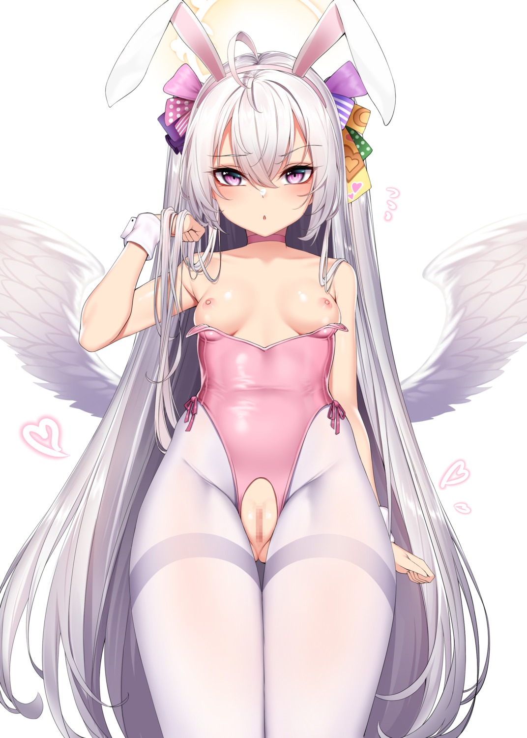 angel animal_ears blue_archive breasts bunny_ears bunny_girl censored chixiao nipples no_bra nopan pantyhose pussy shirasu_azusa torn_clothes wings