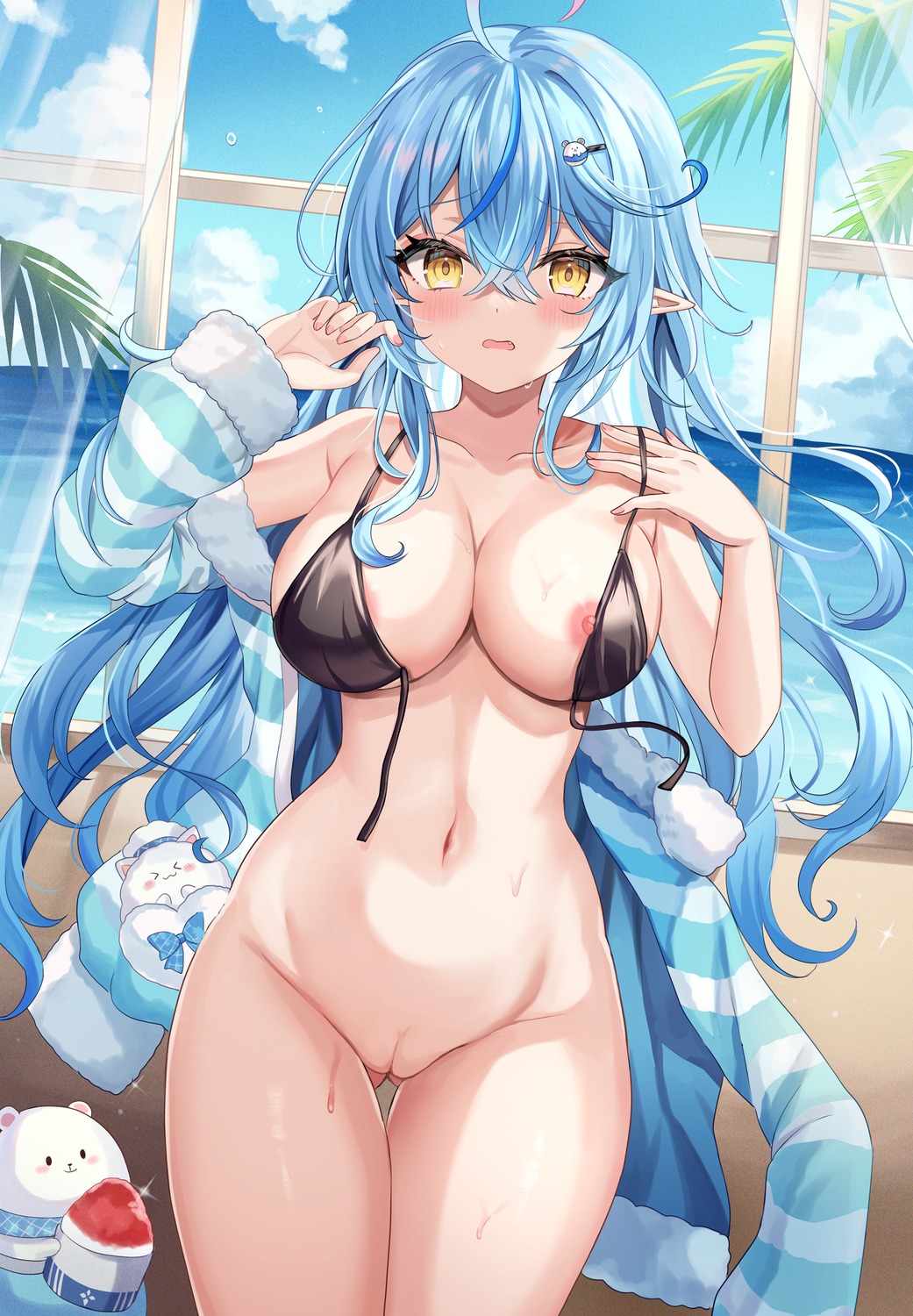 bikini_top bottomless elf hololive nipple_slip open_shirt pointy_ears pussy retsuto swimsuits uncensored wardrobe_malfunction yukihana_lamy