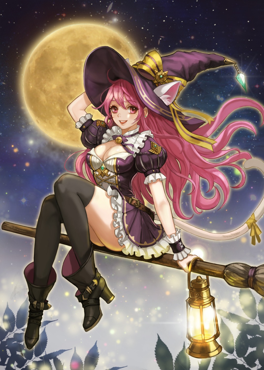 animal_ears cleavage dress heels jademoon nekomimi skirt_lift tail thighhighs witch