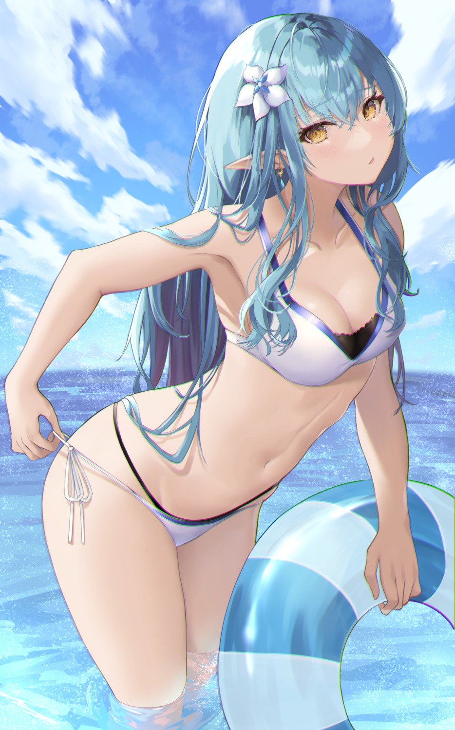 bikini cleavage elf hololive pointy_ears shiina_aoi swimsuits undressing wet yukihana_lamy