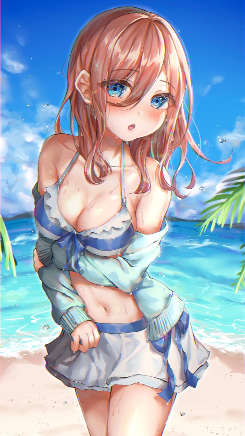 5-toubun_no_hanayome bikini breast_hold cleavage nakano_miku sweater swimsuits syatihoko wet