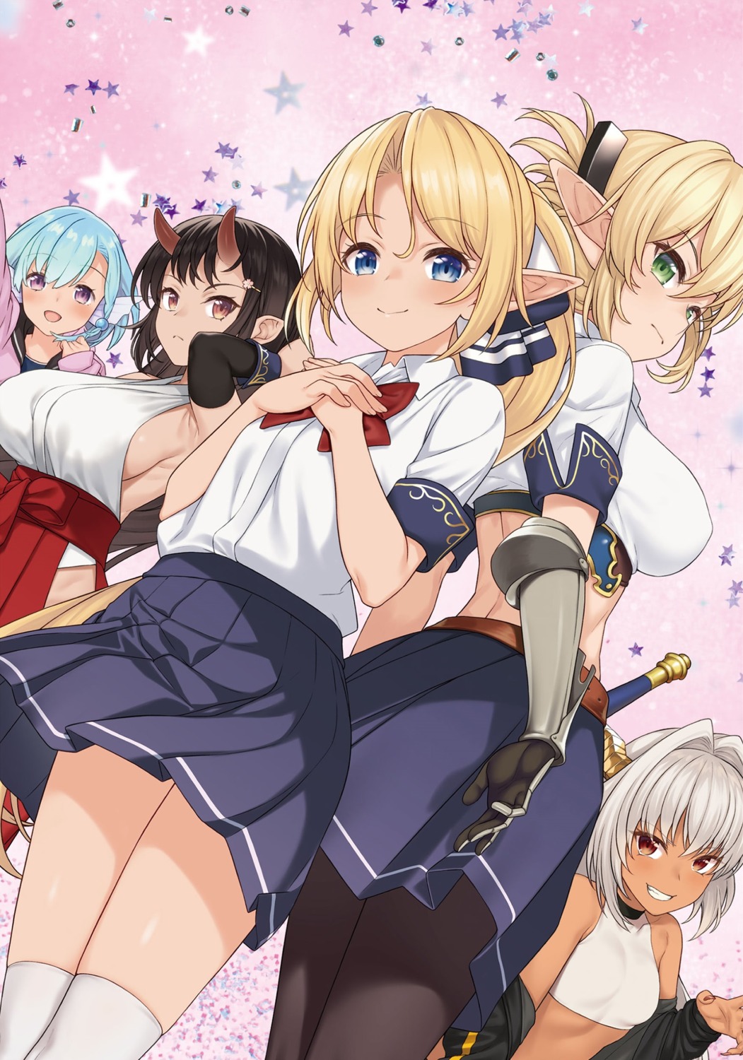 aegis_tia_aederlinde armor elf elliot_leucosia enjo_kouhai horns iris_tia_aederlinde japanese_clothes no_bra origamine_ouka pantyhose pointy_ears seifuku sweater sword takunomi thighhighs ursula_y_ddraig