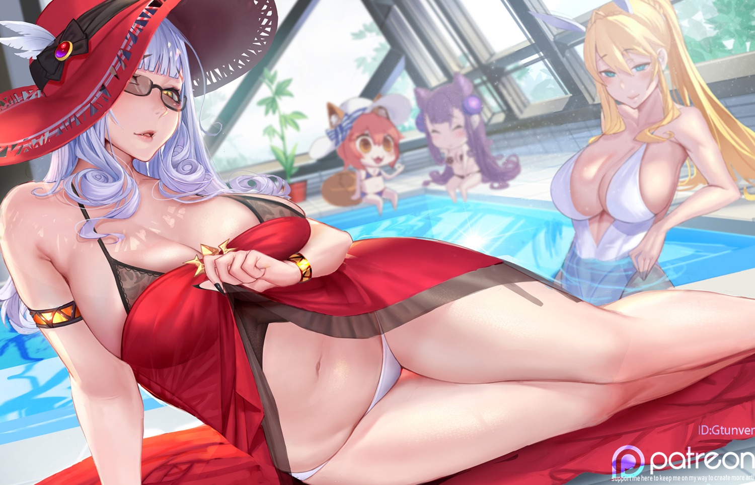 animal_ears artoria_pendragon_(lancer) bikini breast_hold carmilla_(fate/grand_order) chibi cleavage fate/grand_order gtunver megane murasaki_shikibu_(fate) open_shirt see_through swimsuits tamamo_no_mae wet