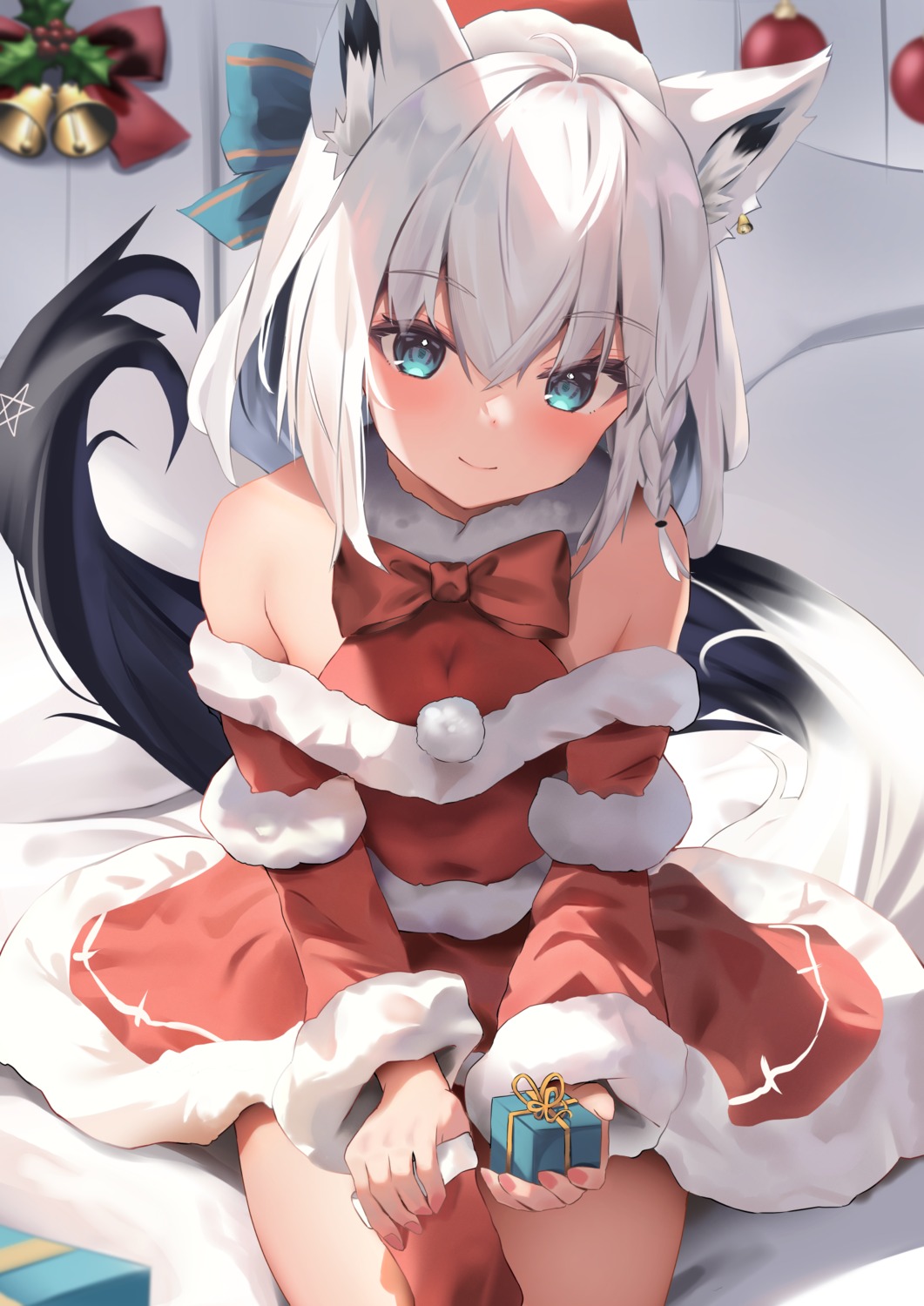 animal_ears christmas dress hololive hololive_gamers kitsune no_bra shirakami_fubuki tail uechin_ewokaku