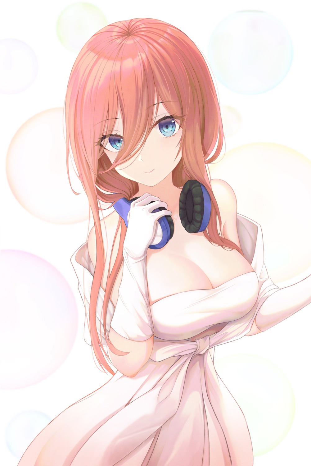 5-toubun_no_hanayome breast_hold dress fakegeo headphones nakano_miku no_bra wedding_dress